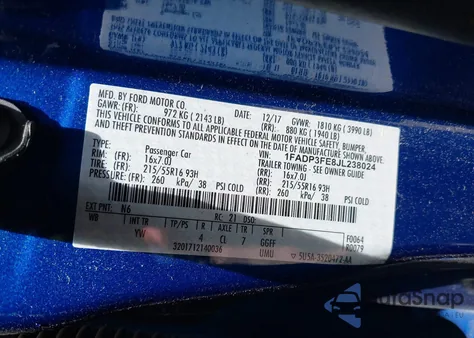 2018 Ford Focus Se z USA, uszkodzony, nr VIN 1FADP3FE8JL238024